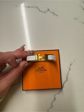 Hermes White Enamel and Gold H Clic Bracelet